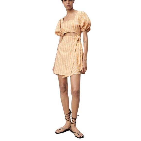 ZARA Linen Blend Striped Yellow/White Mini Cut Out Tie Waist Dress Women Sz L - Picture 2 of 15